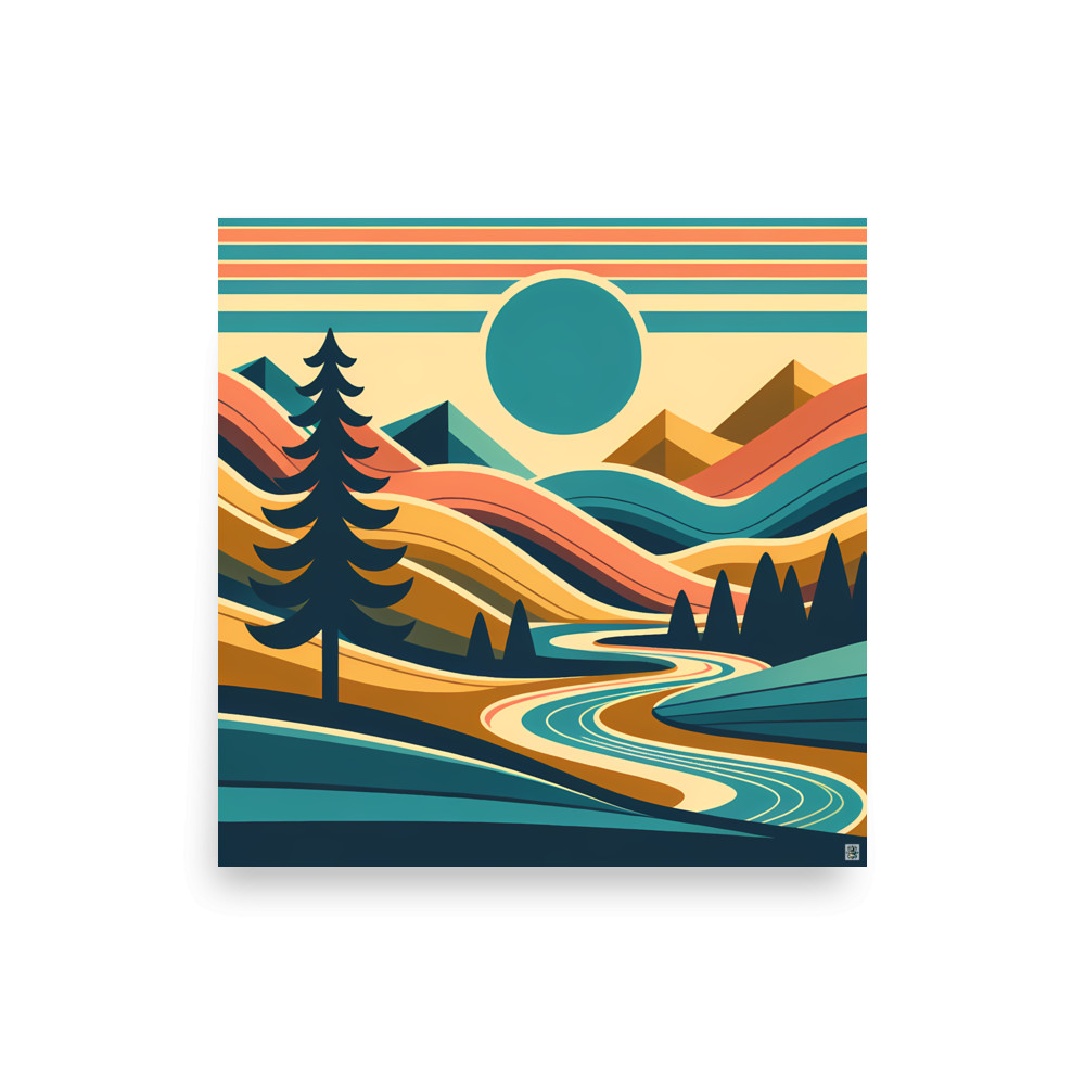 Geometric Mountain River Landscape — Art Print