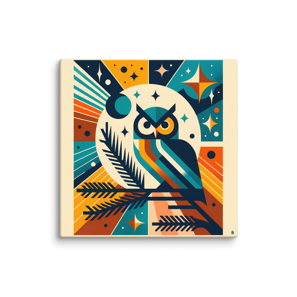 Geometric Owl Under Moon and Stars — Canvas Print