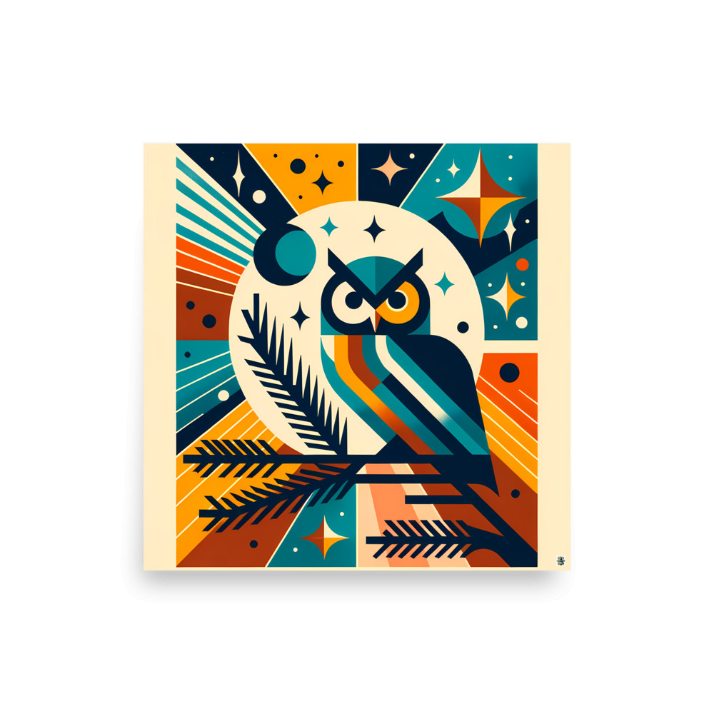 Geometric Owl Under Moon and Stars — Art Print