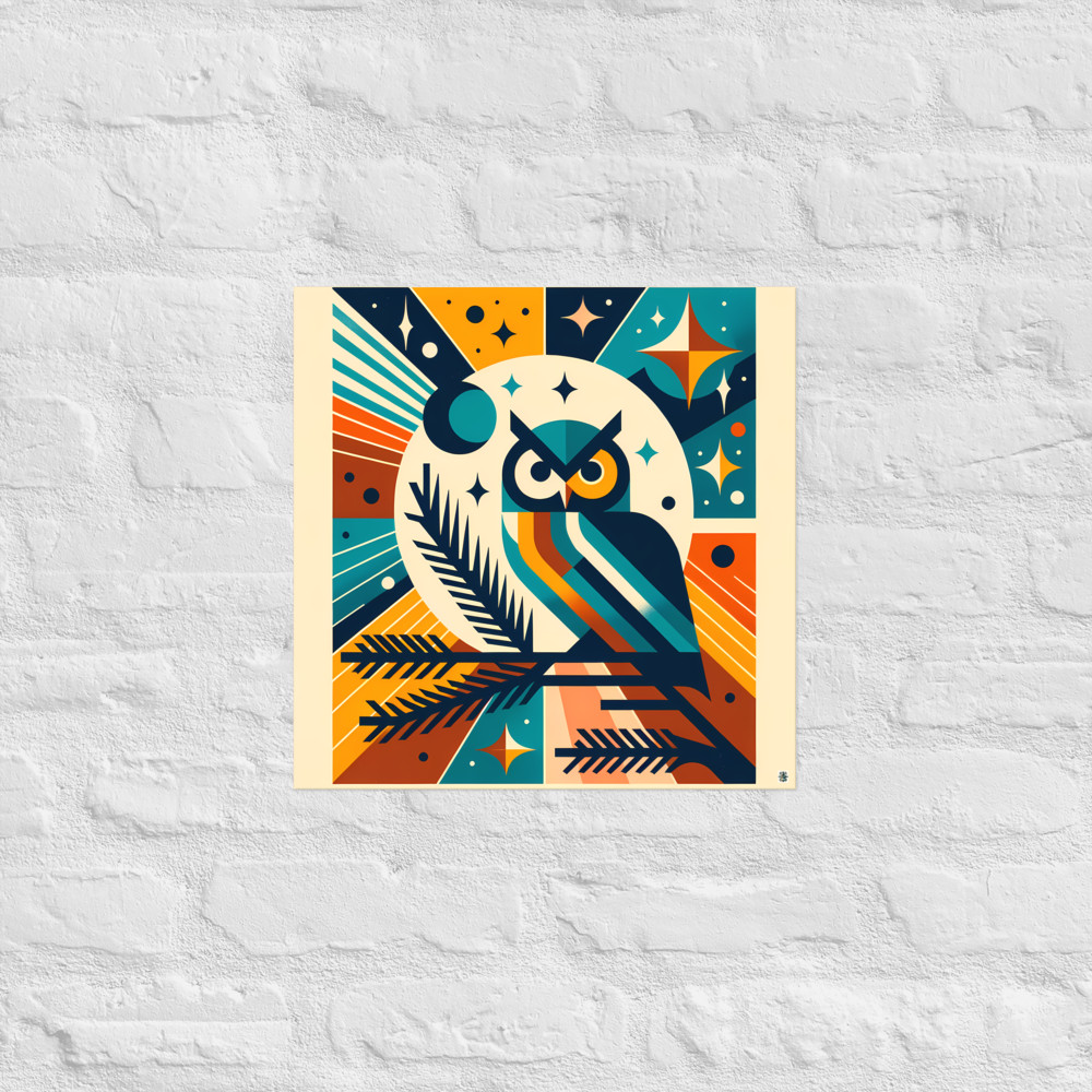 Geometric Owl Under Moon and Stars