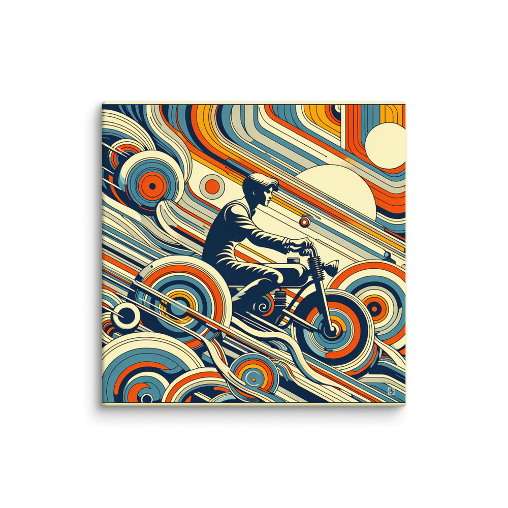 Retro Motorbike Rider with Geometric Waves in Teal