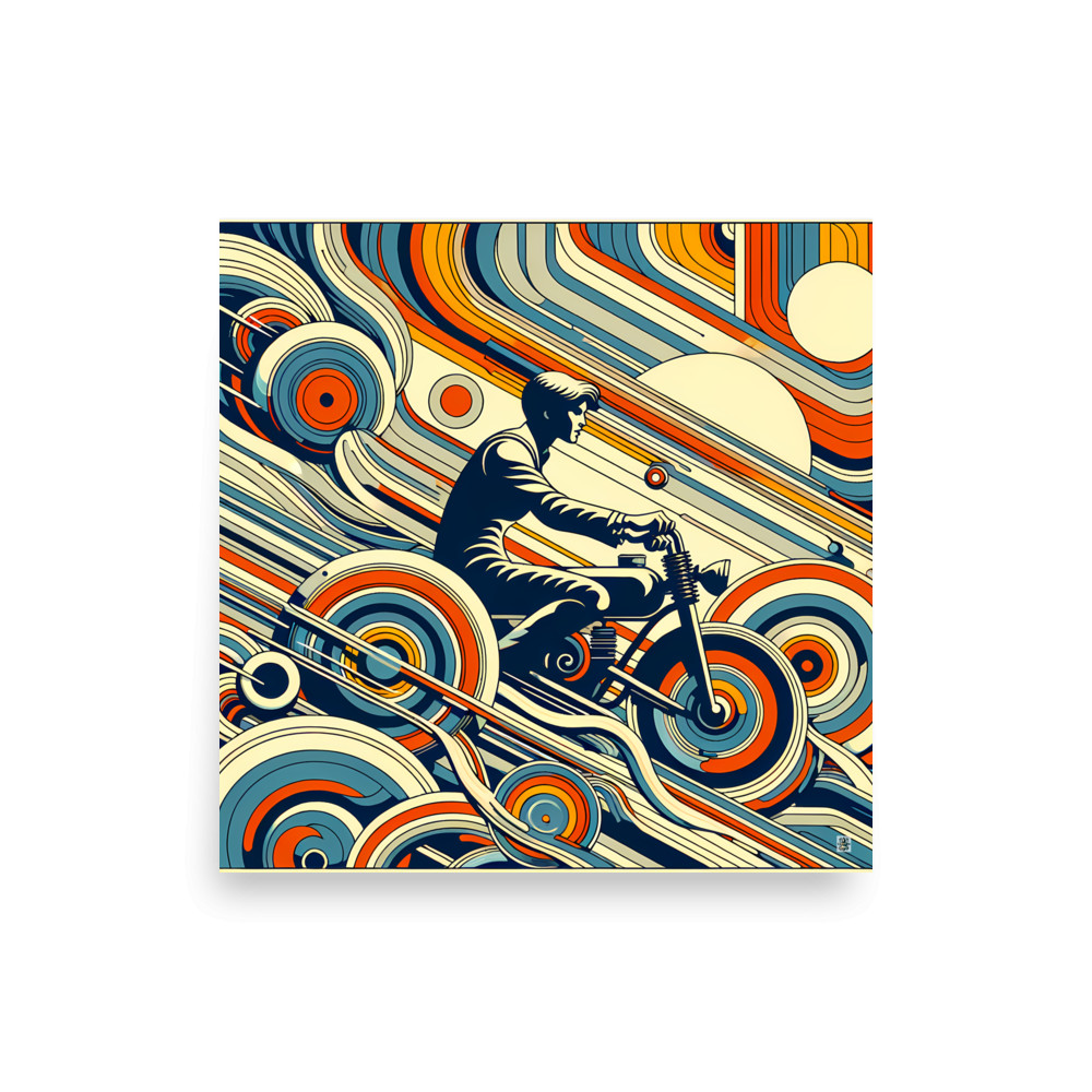 Retro Motorbike Rider with Geometric Waves in Teal — Art Print