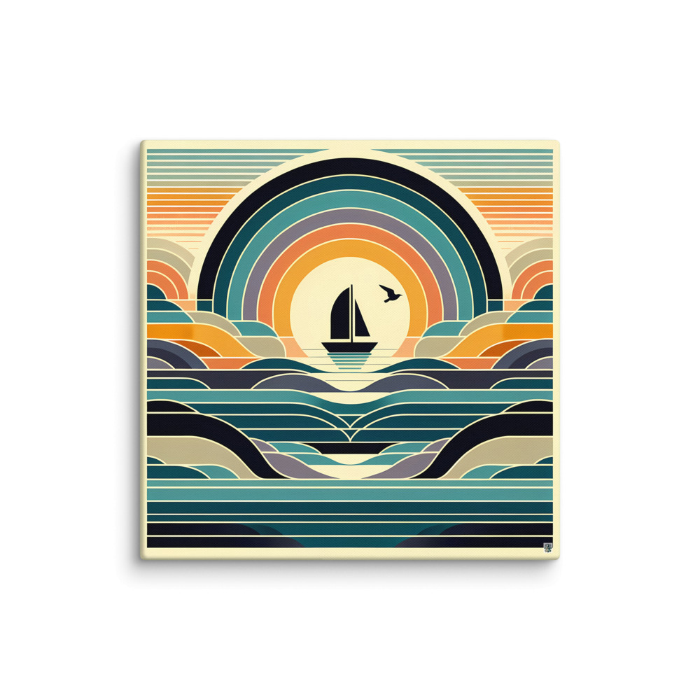 Geometric Sailboat Sunset Over Layered Waves — Canvas Print
