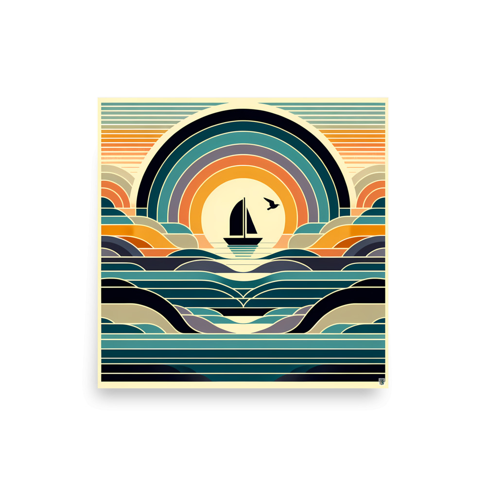 Geometric Sailboat Sunset Over Layered Waves — Art Print