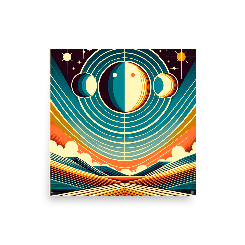 Geometric Moon Phases Over Abstract Horizon — Art Print
