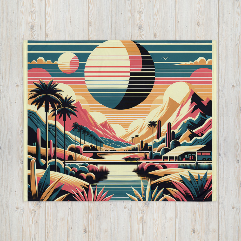 Retro Desert Mountain Landscape with Eclipse Sunset