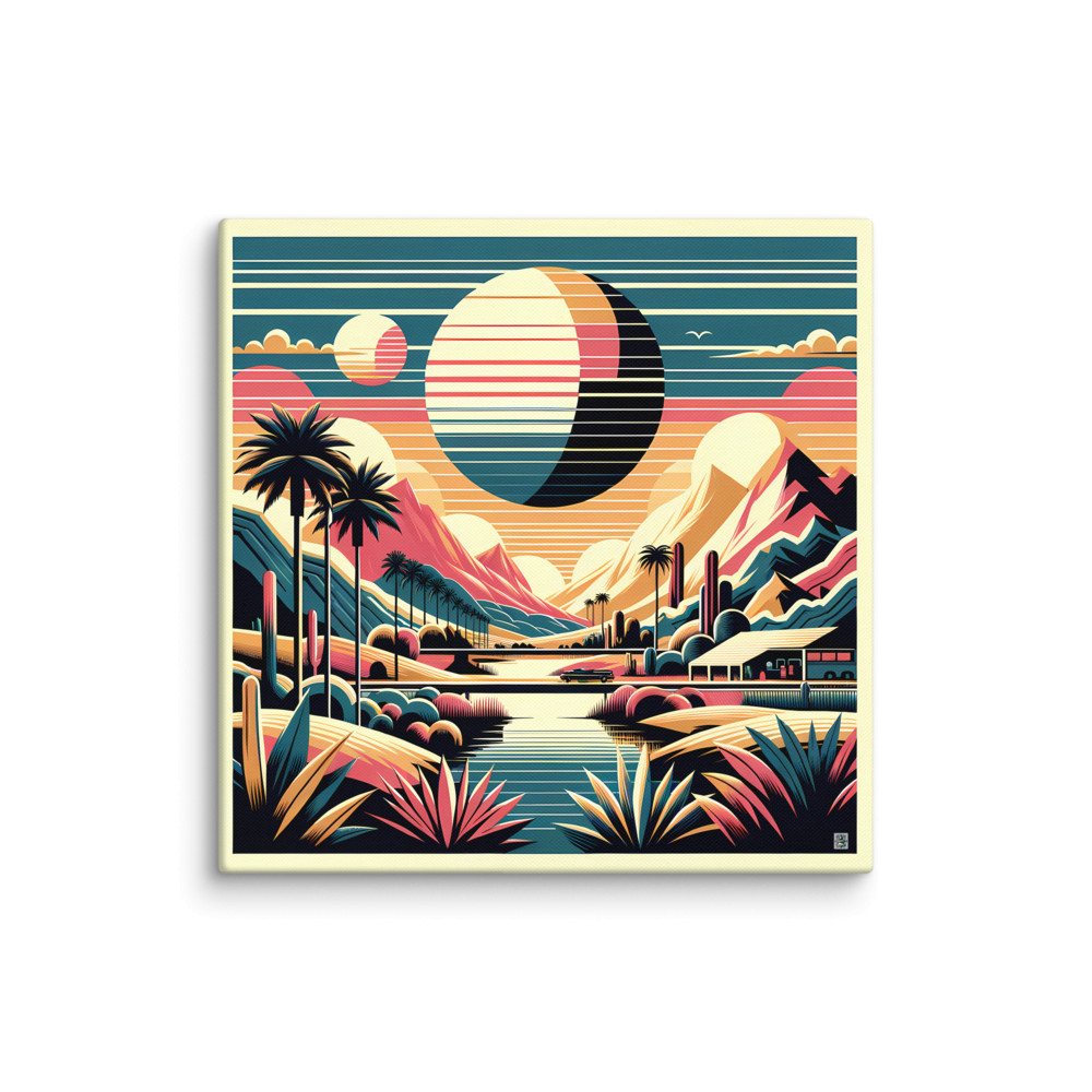 Retro Desert Mountain Landscape with Eclipse Sunset — Canvas Print