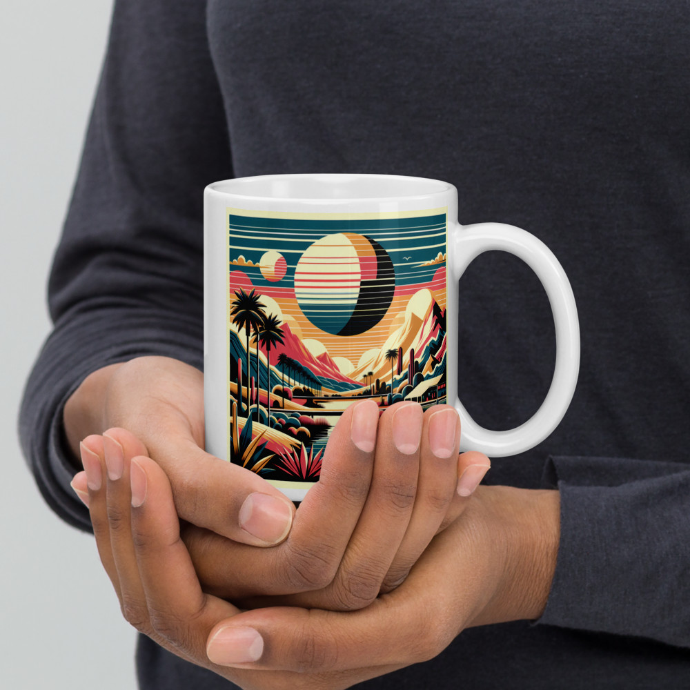 Retro Desert Mountain Landscape with Eclipse Sunset