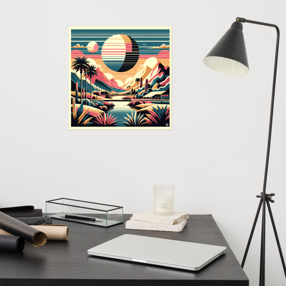 Retro Desert Mountain Landscape with Eclipse Sunset