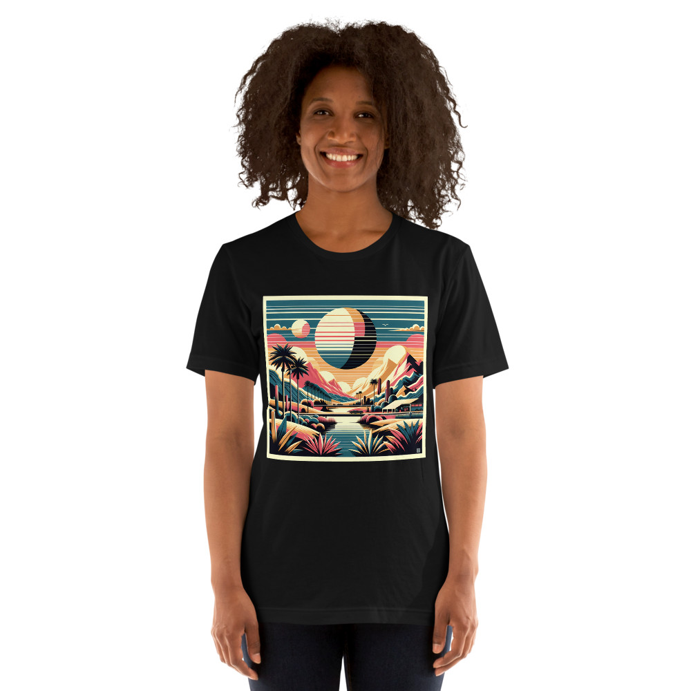Retro Desert Mountain Landscape with Eclipse Sunset