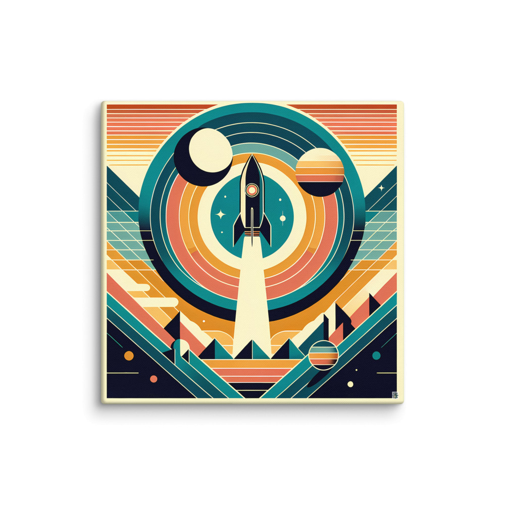 Retro Rocket Launch Geometric Space Scene — Canvas Print