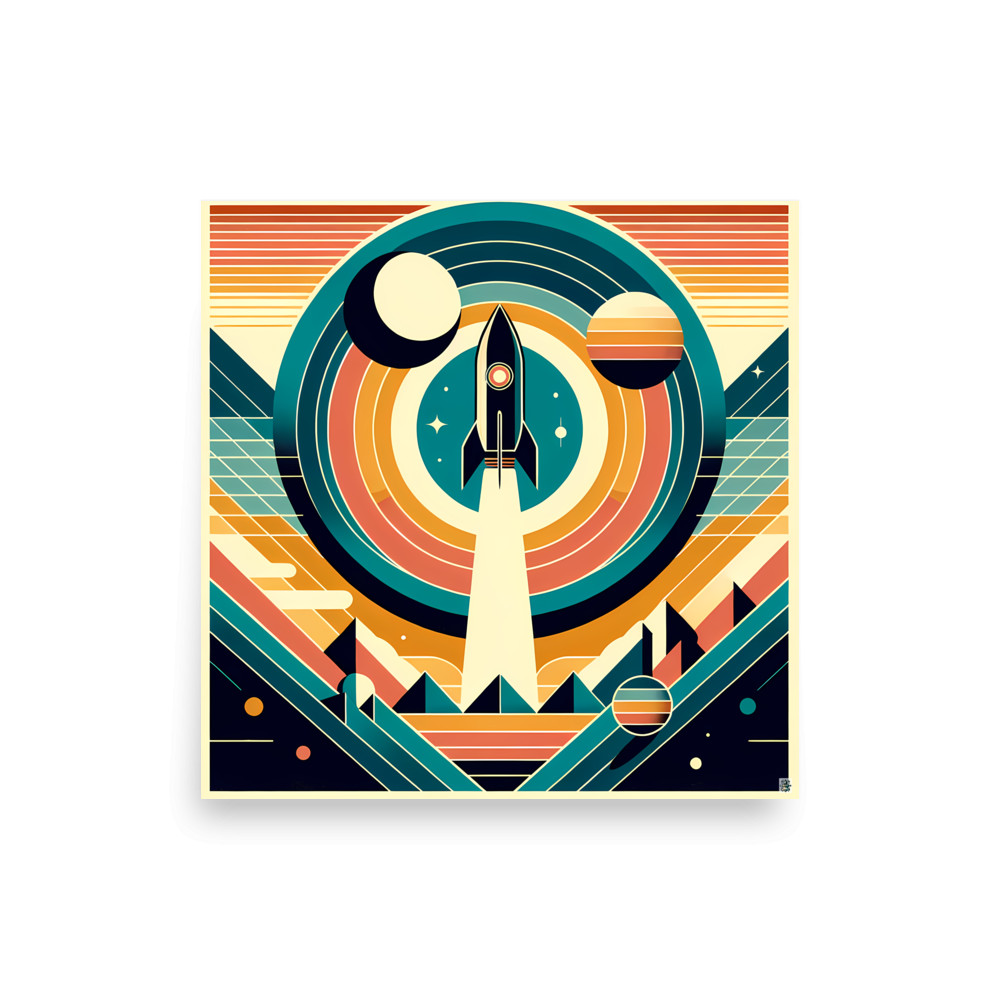 Retro Rocket Launch Geometric Space Scene — Art Print