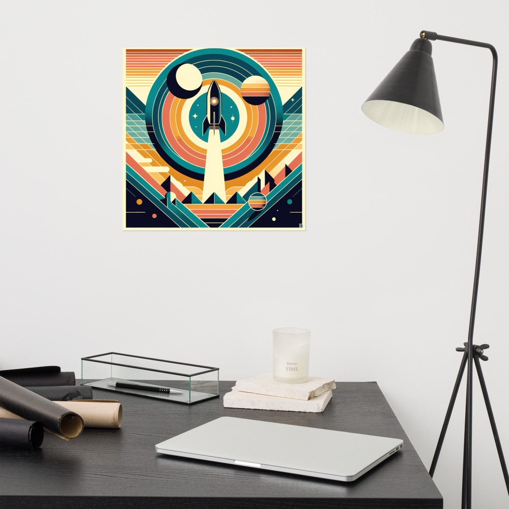 Retro Rocket Launch Geometric Space Scene