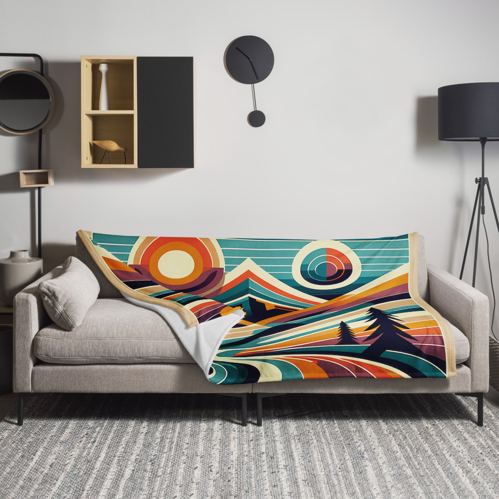 Geometric Mountain Valley with Retro Sun