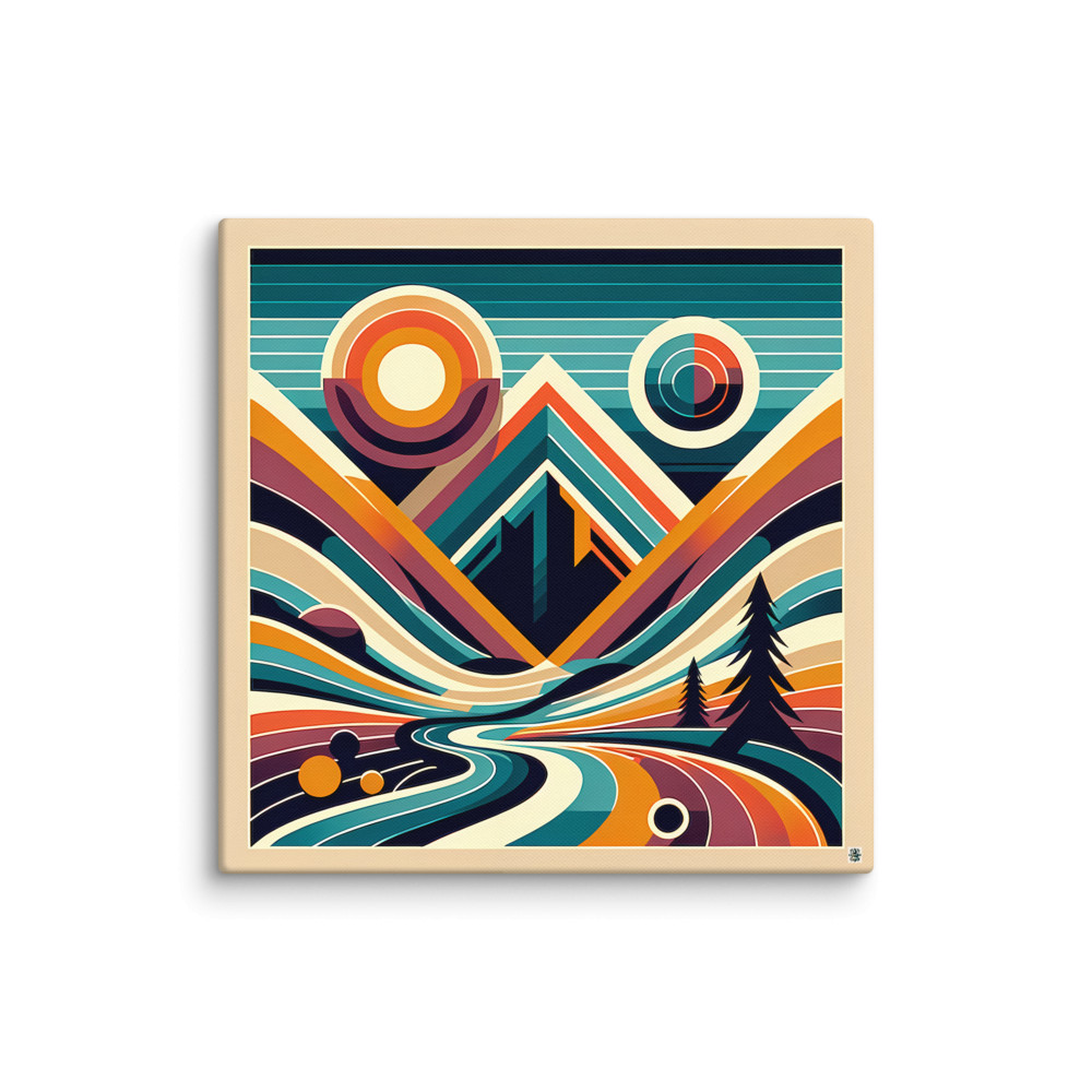 Geometric Mountain Valley with Retro Sun — Canvas Print