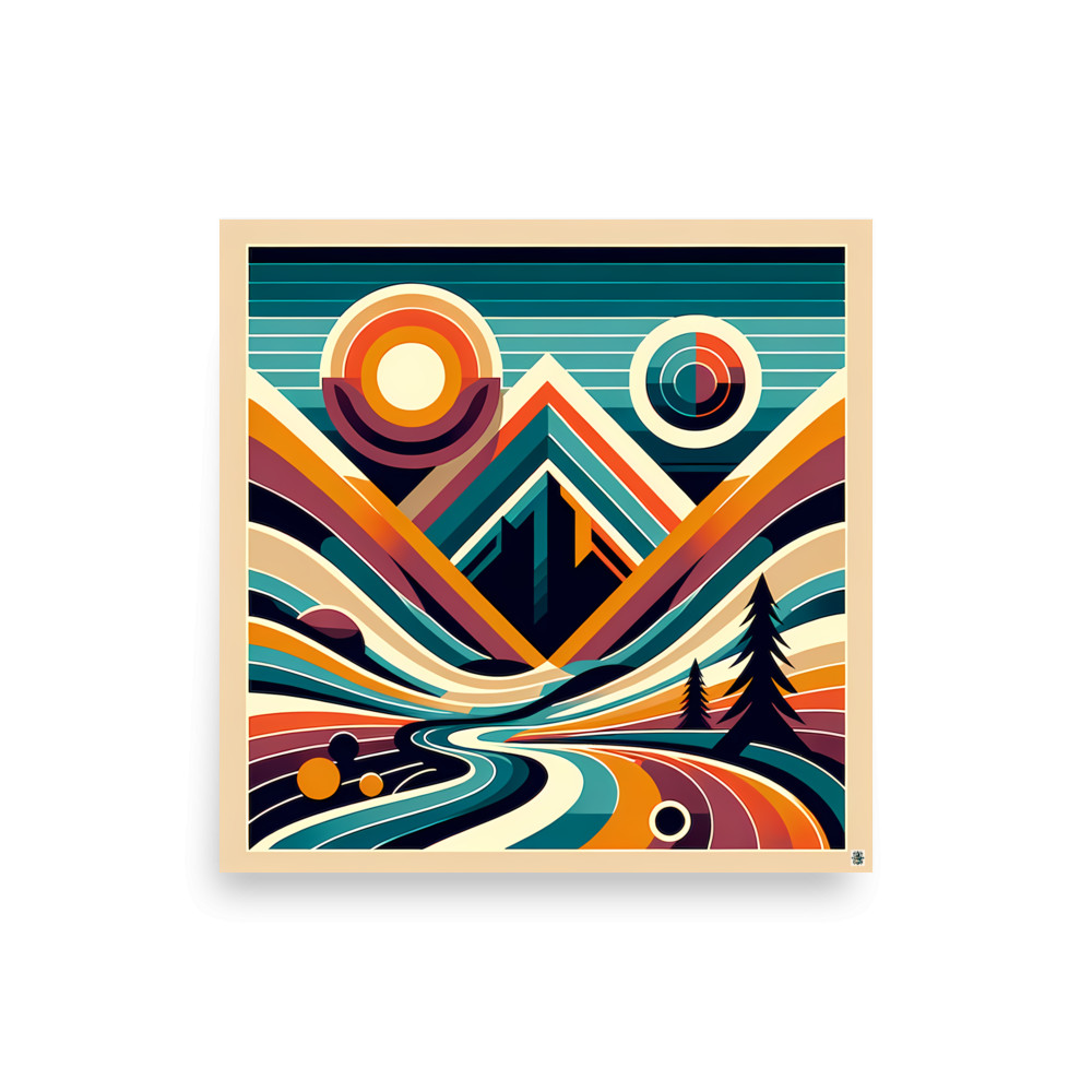 Geometric Mountain Valley with Retro Sun — Art Print