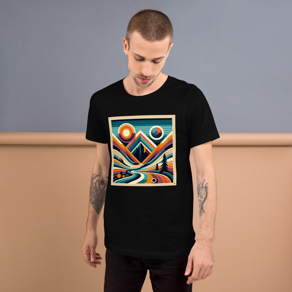 Geometric Mountain Valley with Retro Sun