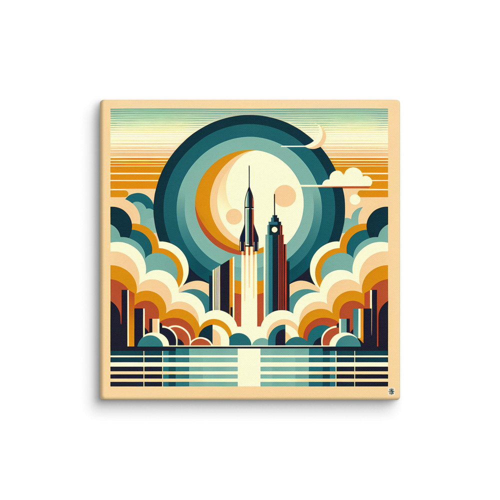 Retro Rocket Launch Over Geometric City — Canvas Print