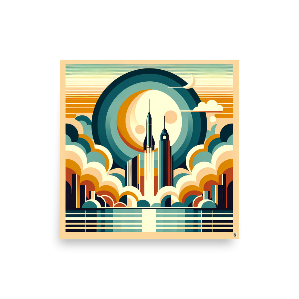 Retro Rocket Launch Over Geometric City — Art Print