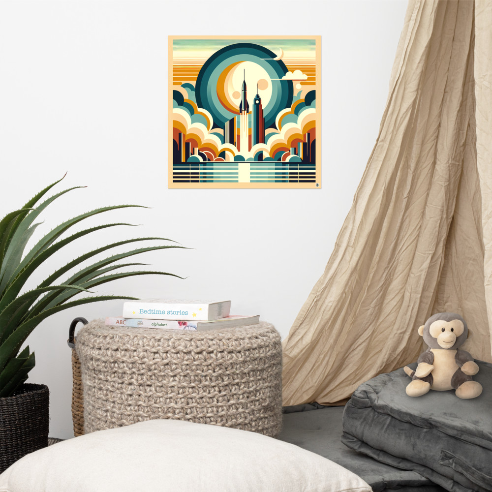 Retro Rocket Launch Over Geometric City