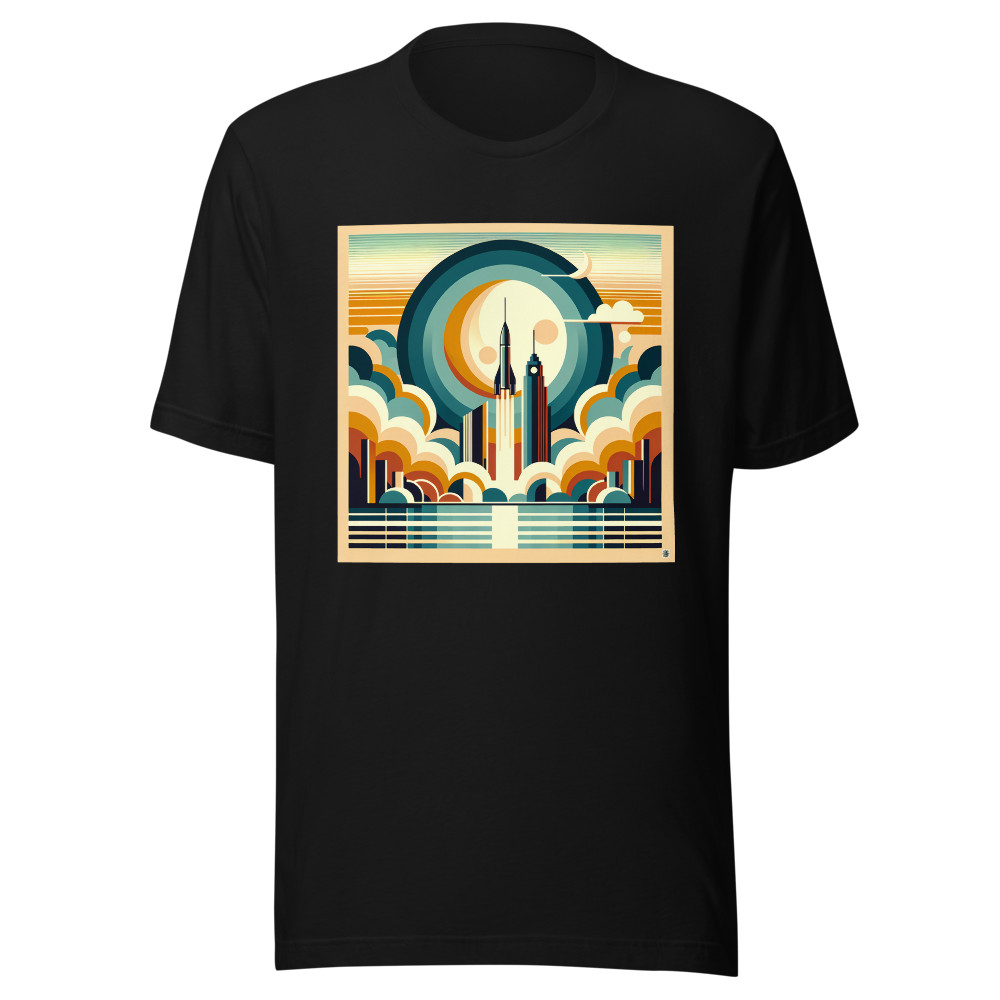 Retro Rocket Launch Over Geometric City