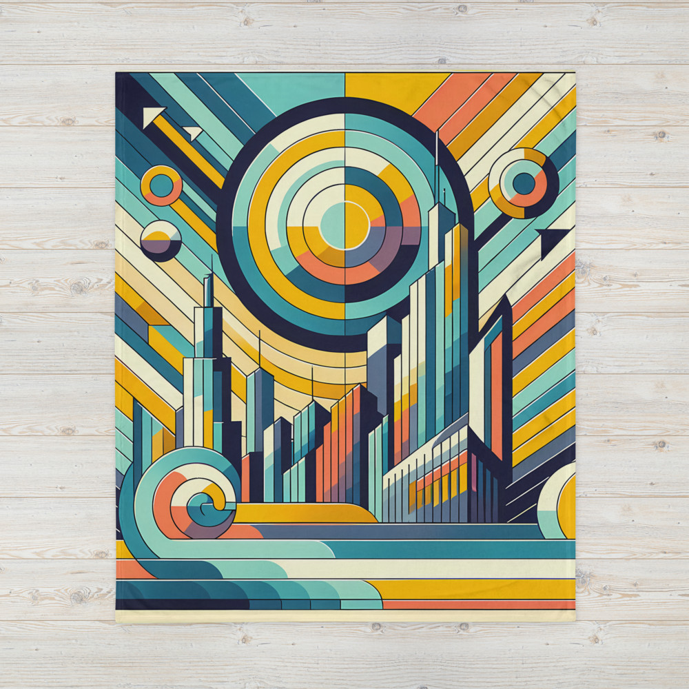 Geometric Retro Cityscape with Concentric Sun