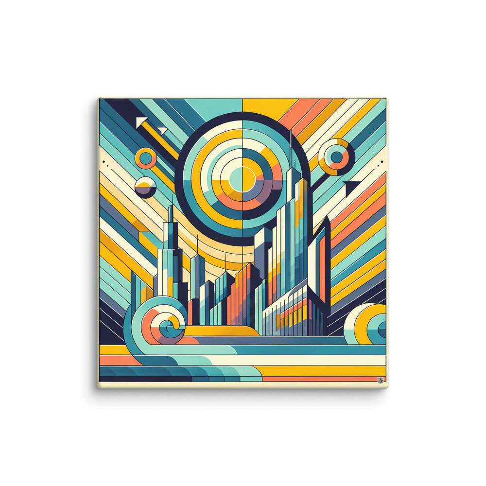 Geometric Retro Cityscape with Concentric Sun — Canvas Print