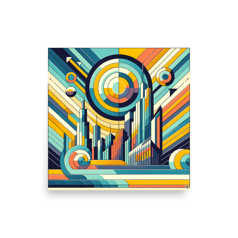 Geometric Retro Cityscape with Concentric Sun — Art Print