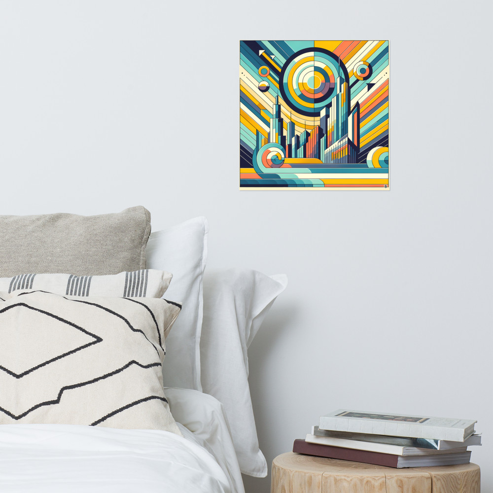 Geometric Retro Cityscape with Concentric Sun