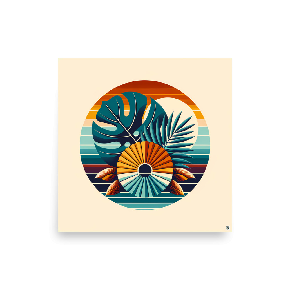 Abstract Tropical Leaves Sunset Circle — Art Print