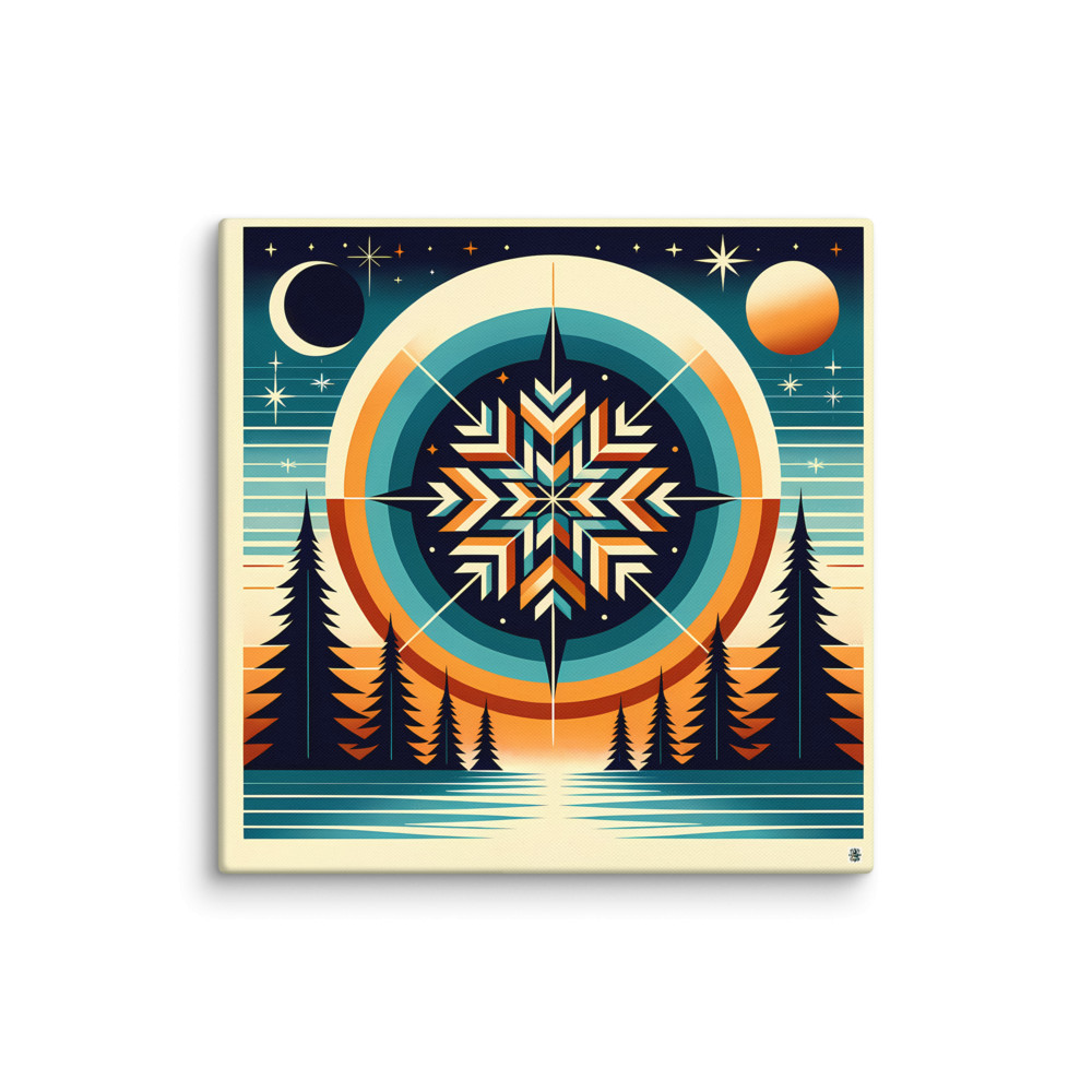 Geometric Snowflake Over Winter Forest Lake
