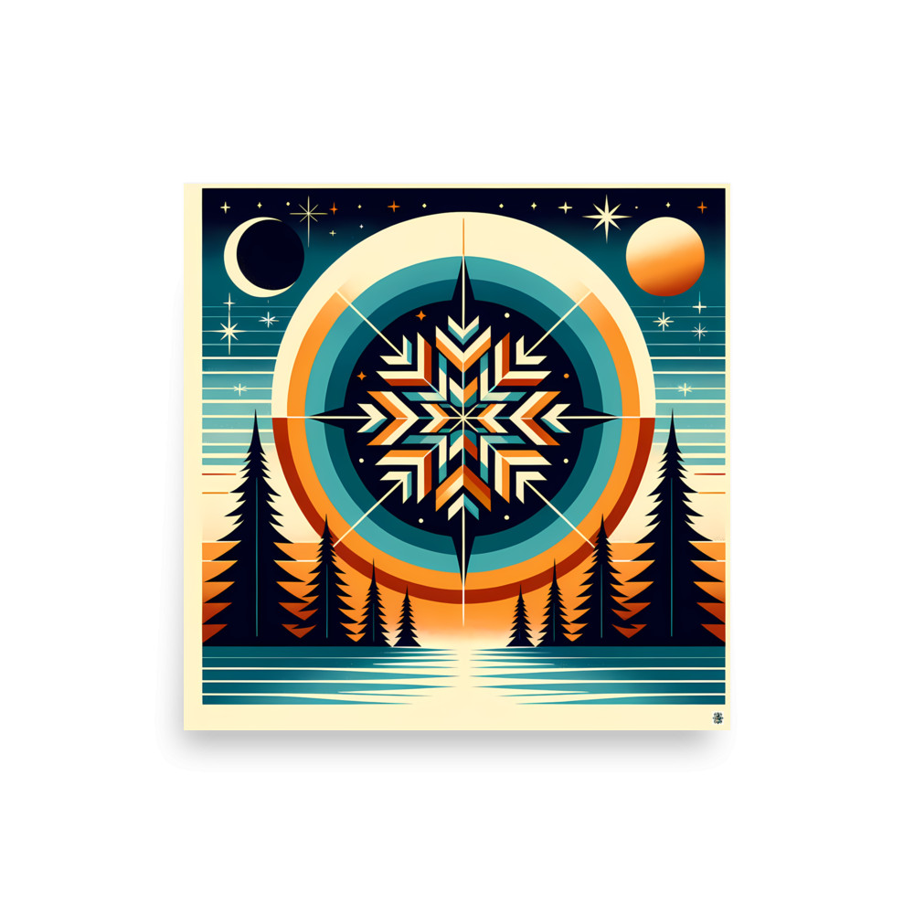 Geometric Snowflake Over Winter Forest Lake — Art Print