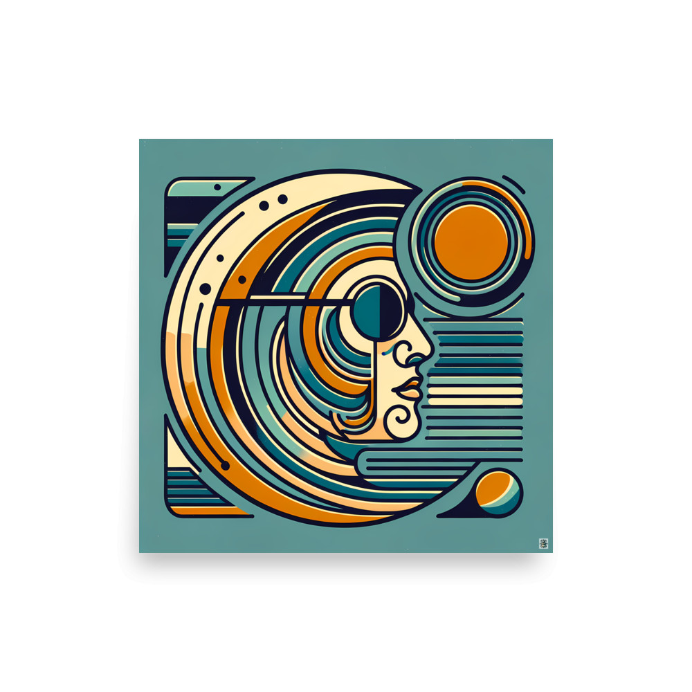 Geometric Line Face with Retro Sun and Arcs — Art Print