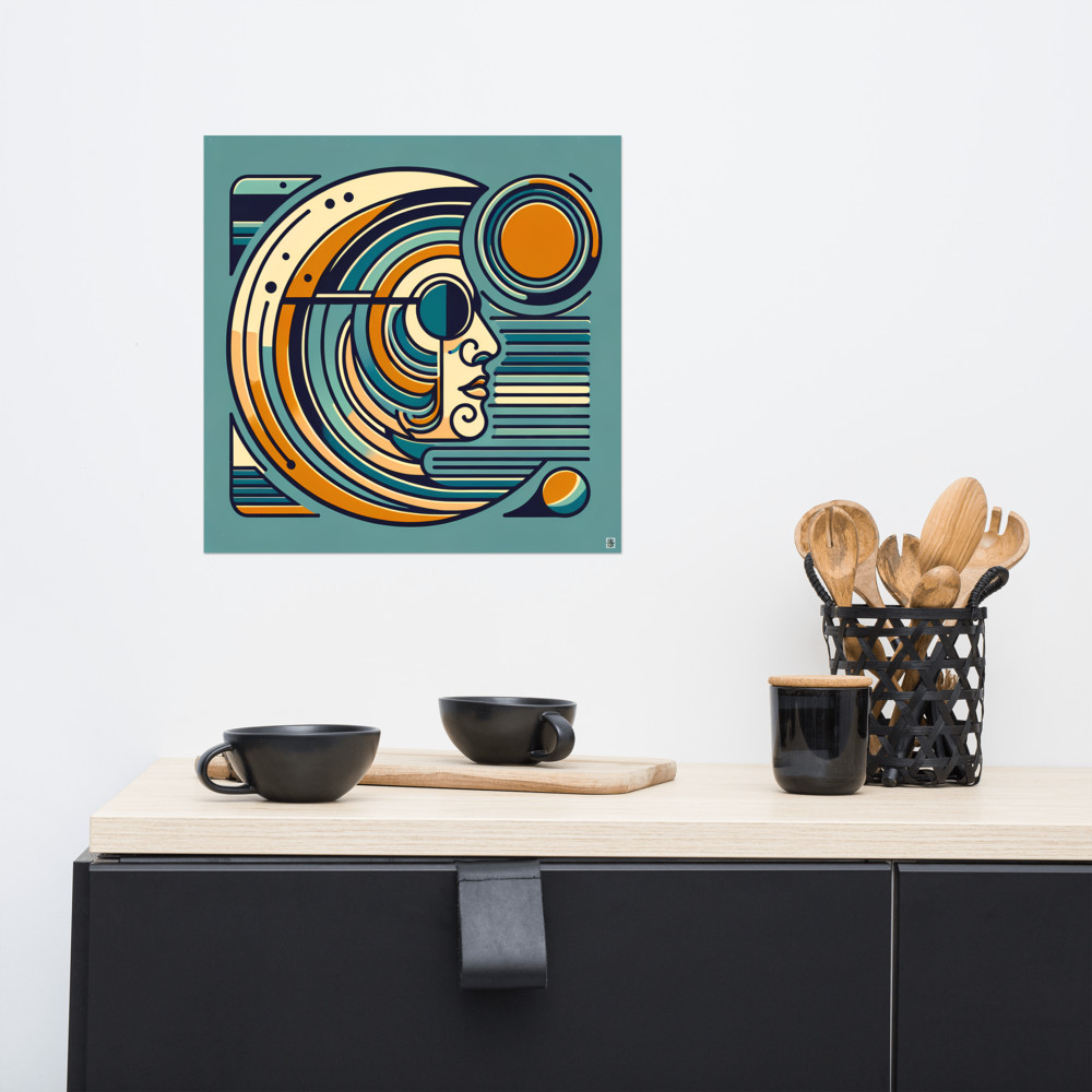 Geometric Line Face with Retro Sun and Arcs