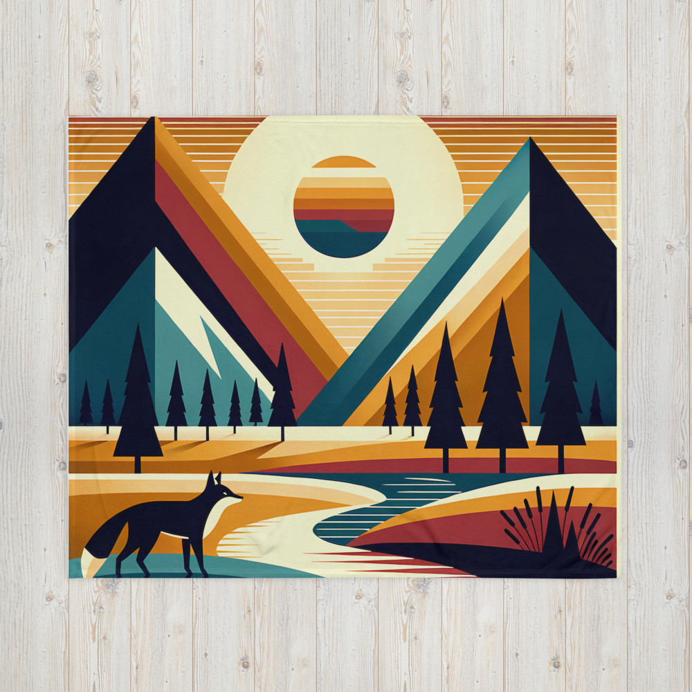 Geometric Mountain Peaks with Fox and Sunset