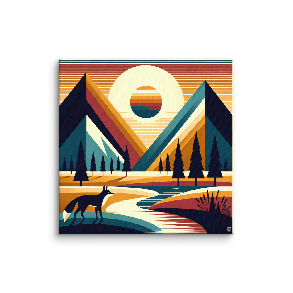 Geometric Mountain Peaks with Fox and Sunset