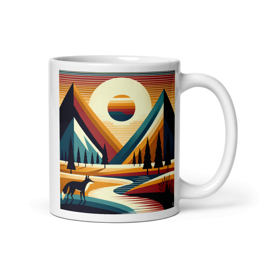 Geometric Mountain Peaks with Fox and Sunset