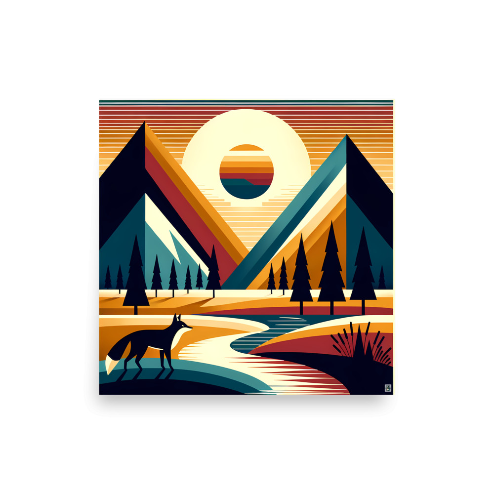 Geometric Mountain Peaks with Fox and Sunset — Art Print