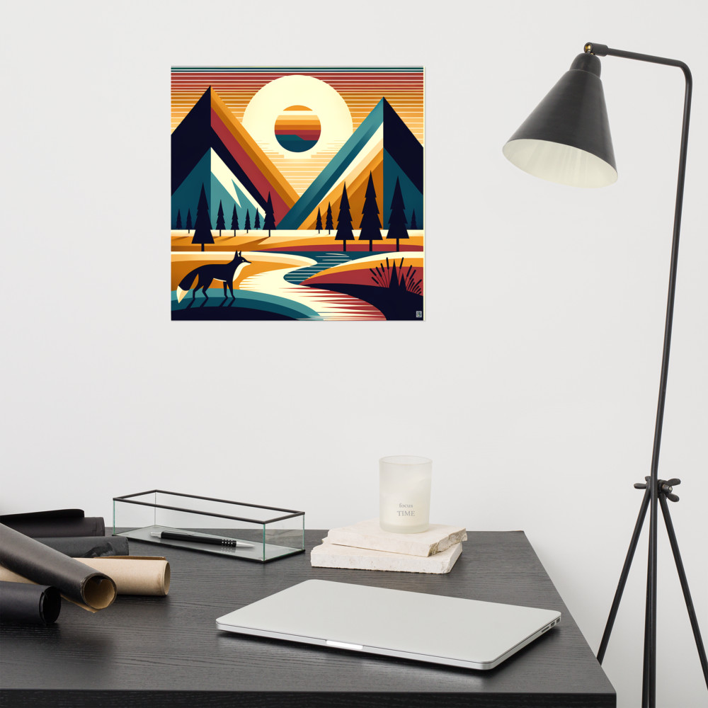 Geometric Mountain Peaks with Fox and Sunset