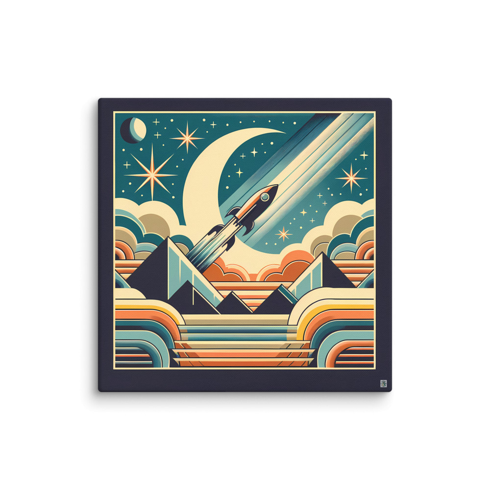 Retro Rocket Over Crescent Moon and Pyramids — Canvas Print