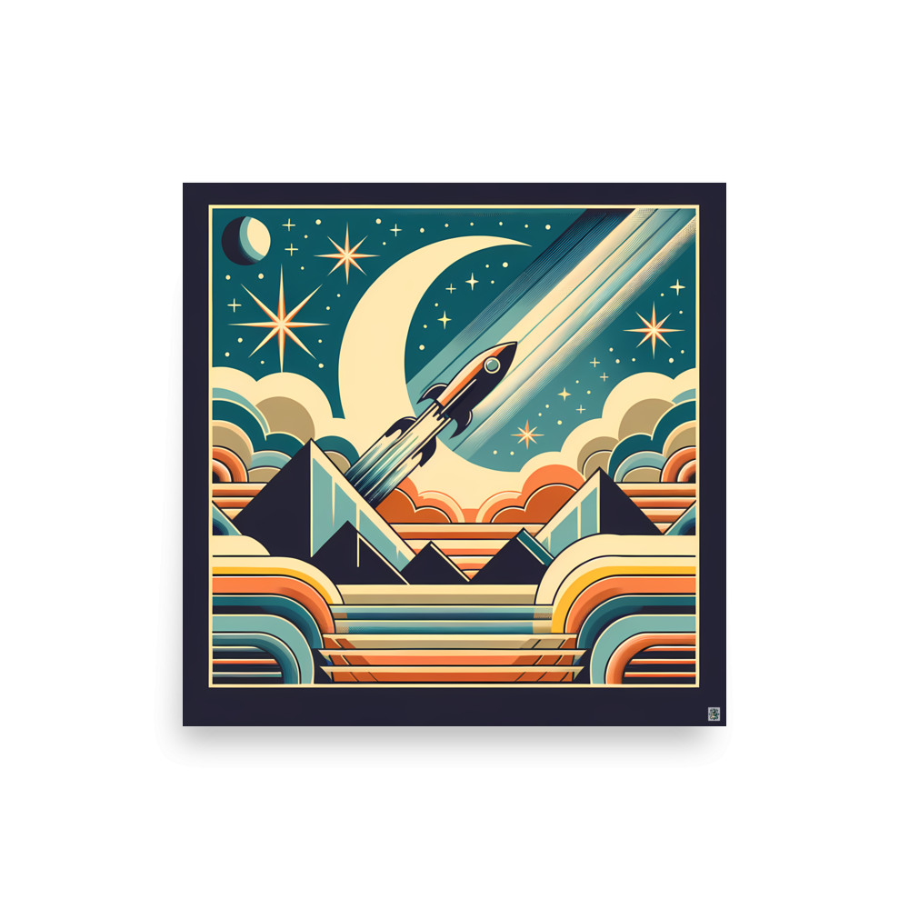 Retro Rocket Over Crescent Moon and Pyramids — Art Print