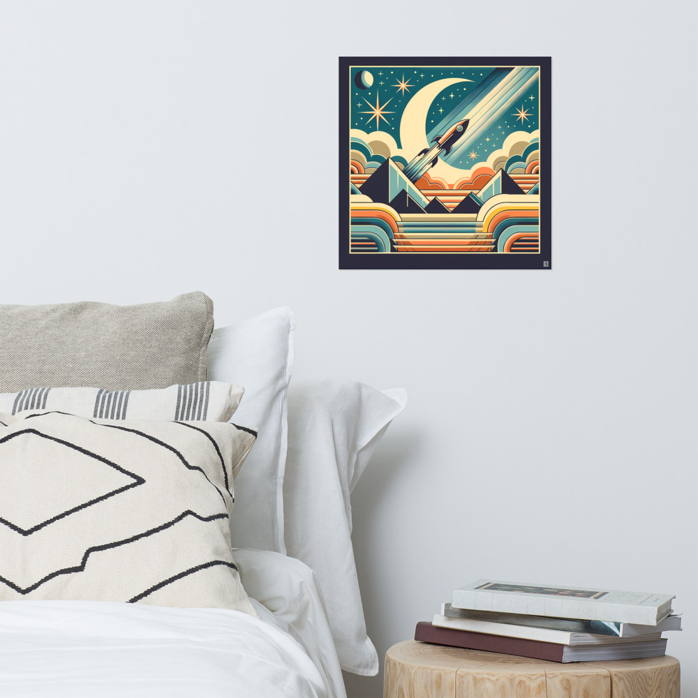 Retro Rocket Over Crescent Moon and Pyramids