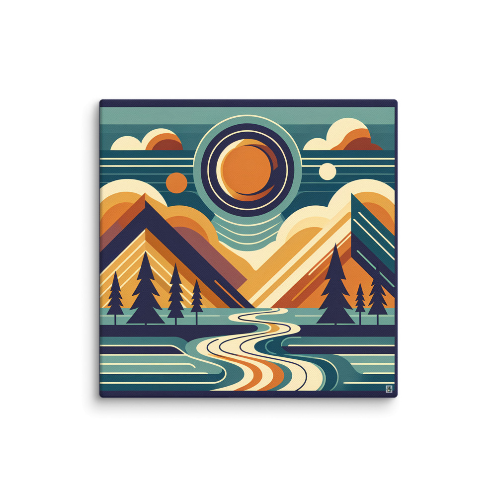 Geometric Mountain Peaks with Winding River — Canvas Print