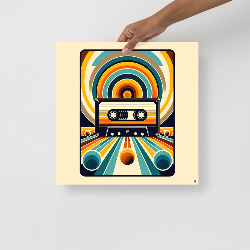 Retro cassette with geometric rainbow lines
