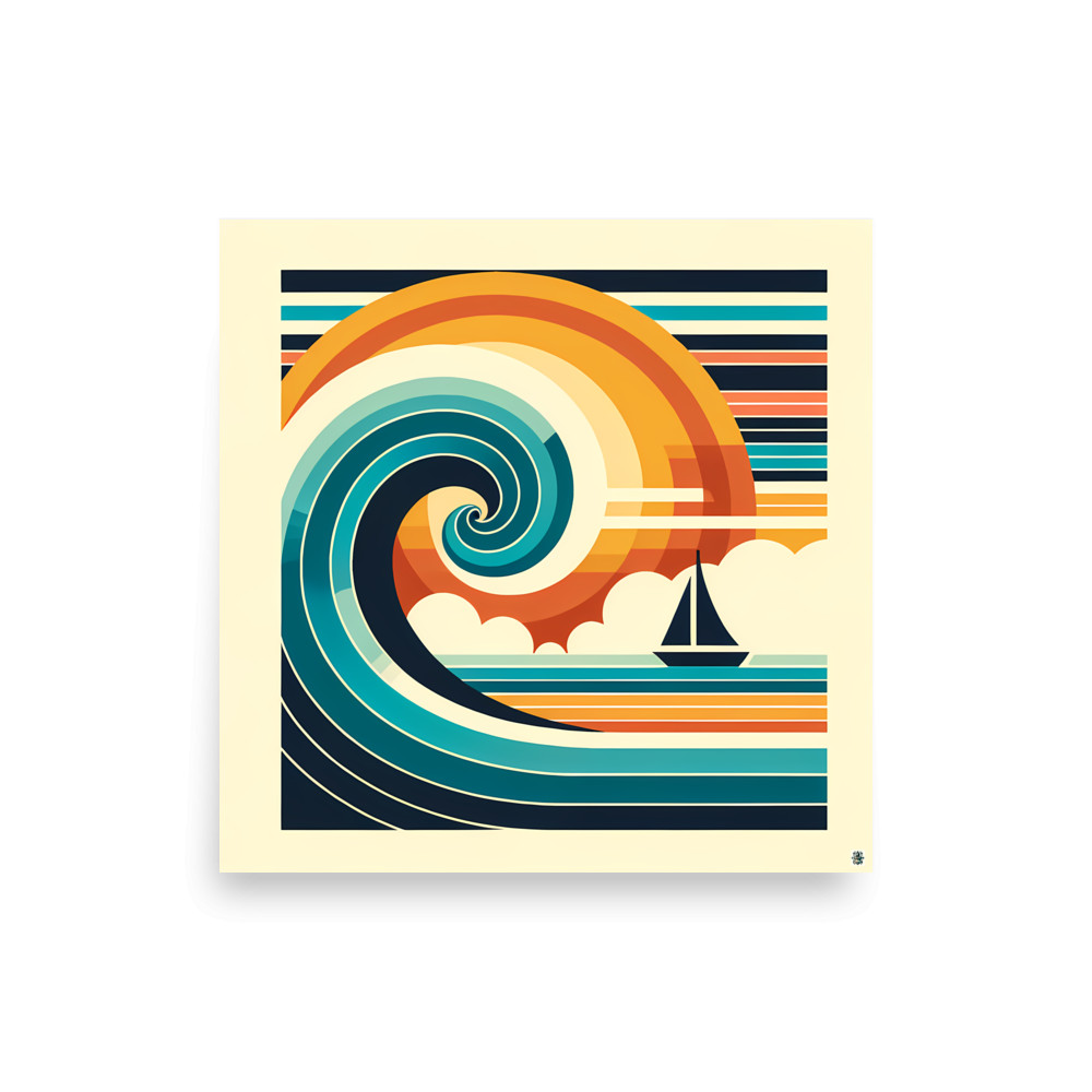 Geometric Wave and Sailboat Sunset — Art Print