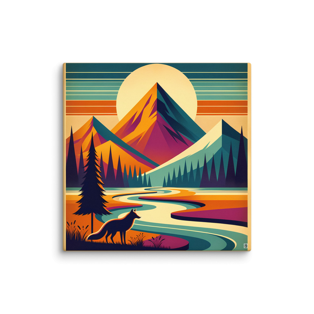 Geometric Mountain Landscape with Fox and River — Canvas Print