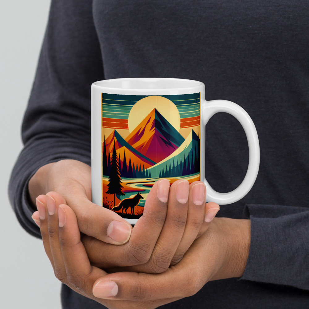 Geometric Mountain Landscape with Fox and River
