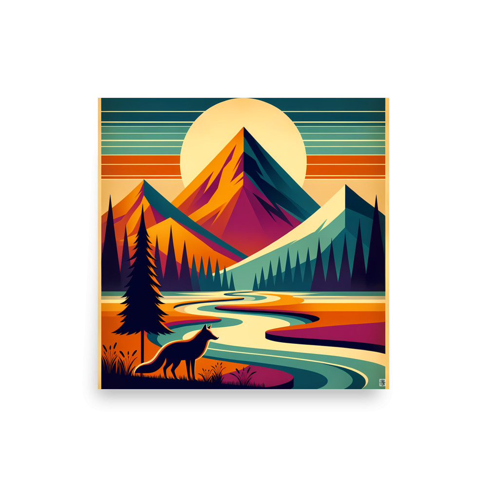 Geometric Mountain Landscape with Fox and River