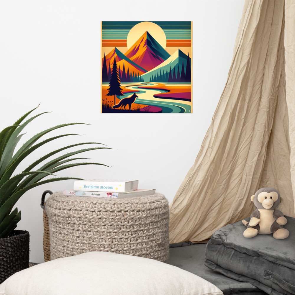 Geometric Mountain Landscape with Fox and River