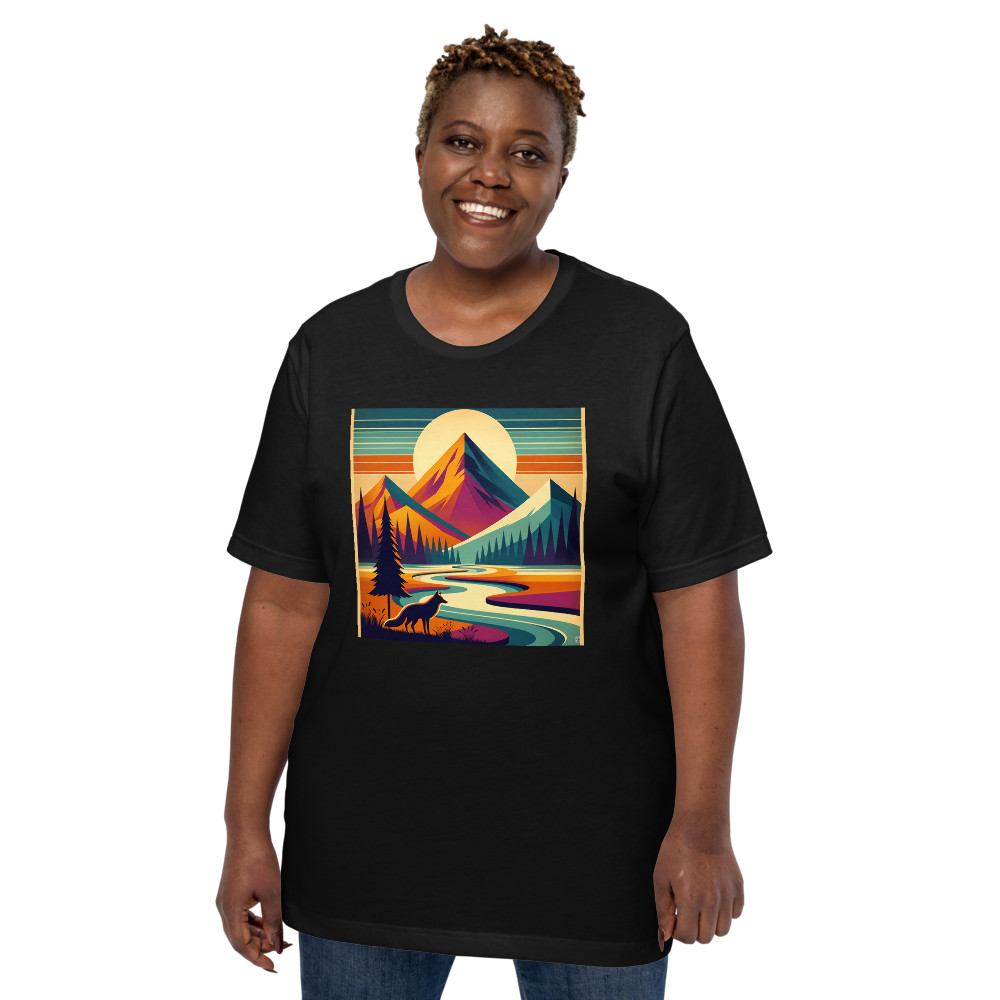 Geometric Mountain Landscape with Fox and River